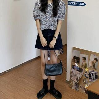 Puff-sleeve Floral Blouse / Denim Mini A-line Skirt / Set