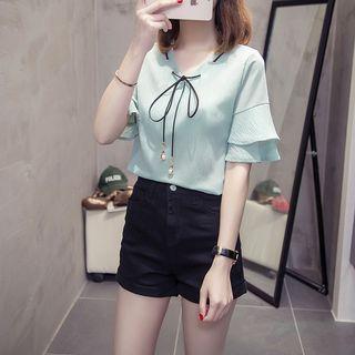 Short-sleeve Ruffle-cuff Blouse