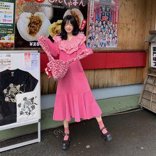 Plain Long-sleeve Ruffled Dress As Shown In Figure - One Size