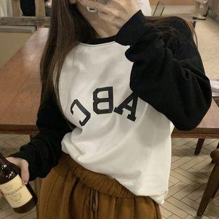 Long-sleeve Color-block Lettering T-shirt White - One Size