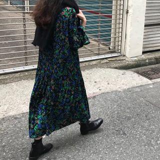 Long-sleeve Floral Print Midi Dress Green - One Size