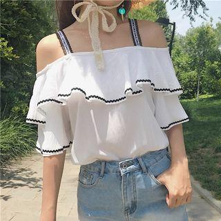 Ruffle Open Shoulder Short-sleeve Chiffon Top