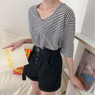 V-neck Round-hem Stripe T-shirt