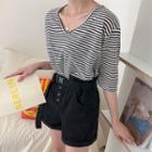 V-neck Round-hem Stripe T-shirt