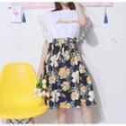 Set: Lace Trim Short-sleeve T-shirt + Floral Print A-line Midi Skirt