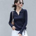 Drawstring Ribbed Polo Knit Top Dark Blue - One Size