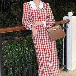 Long-sleeve Gingham Collar Midi Sheath Dress
