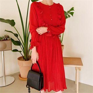 Frilled-detail Dotted Midi Dress With Sash Red - One Size