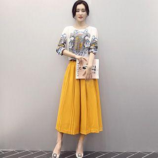 Set: Print Long-sleeve Chiffon Top + Pleated Gaucho Pants