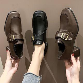 Square-toe Buckled Chunky Heel Loafers