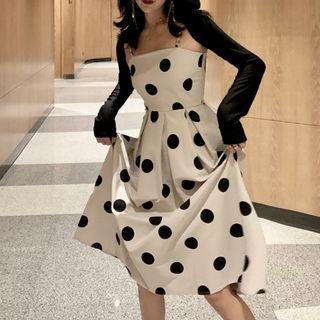 Dotted Spaghetti-strap Dress + Light Cardigan