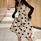 Dotted Spaghetti-strap Dress + Light Cardigan
