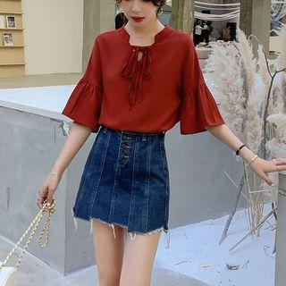 Tie Neck Elbow-sleeve Top