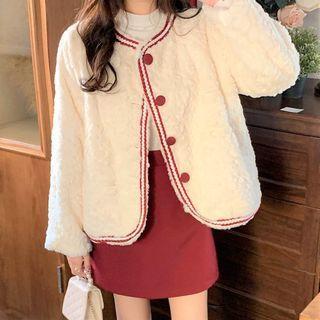 Fluffy Button Jacket / Mini A-line Skirt