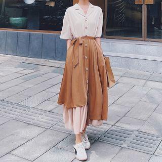 Short-sleeve Mock Two-piece Maxi Shirtdress