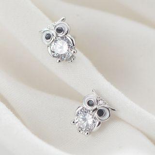 925 Sterling Silver Rhinestone Owl Earring 1 Pair - S925 Silver - Stud Earrings - One Size