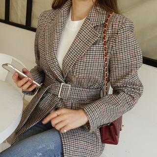 Pocket-detail Checked Jacket With Belt Brown - One Size