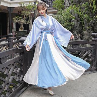 Set: Hanfu Top + Color Block Maxi A-line Skirt