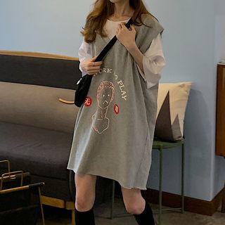 V-neck Printed Tank Dress / Plain Elbow-sleeve T-shirt