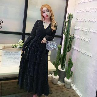 Long-sleeve Sequined Midi A-line Layered Mesh Dress