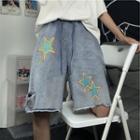 Star Print Straight Cut Denim Shorts