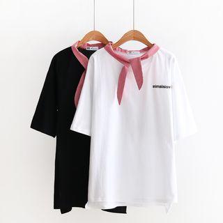 Tie Neck Embroidered Elbow-sleeve T-shirt
