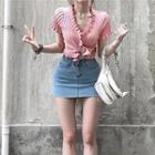 Short-sleeve Knit Top / Denim Pencil Skirt