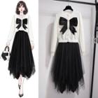 Set: Bow Cardigan + Sheer Panel Midi A-line Skirt