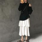 Cold-shoulder Sweatshirt / Tiered Midi Skirt