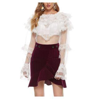 Lace Trim Bell-sleeve Mesh Blouse