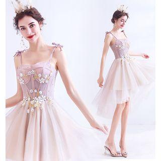 Spaghetti-strap Flower Applique Dip-back A-line Mini Prom Dress