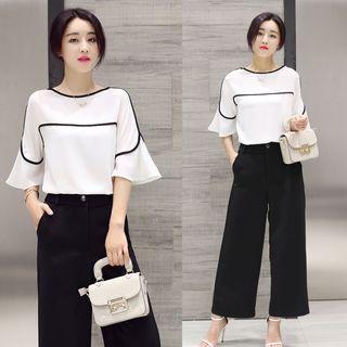 Set: Contrast Trim Elbow Sleeve Blouse + Cropped Wide Leg Pants
