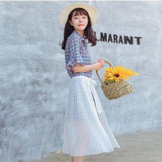 Set: Plaid Elbow Sleeve Shirt Dress + Lace Midi Skirt