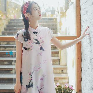 Traditional Chinese Cap-sleeve Printed A-line Dress