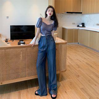 Plaid Short-sleeve Blouse / Wide-leg Pants