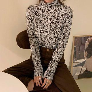 Mock-turtleneck Long-sleeve Leopard Print Top