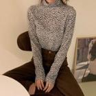 Mock-turtleneck Long-sleeve Leopard Print Top