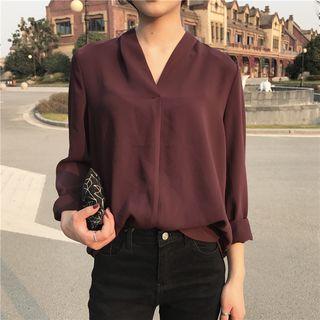 V-neck Loose-fit Plain Long-sleeve Chiffon Blouse