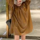 Faux-leather Long-sleeve Plain Loose-fit Dress Khaki - One Size