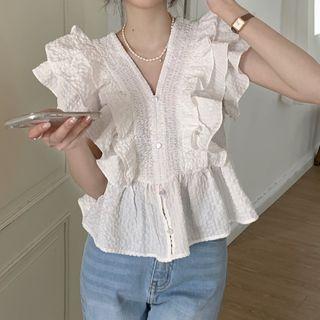 Short-sleeve V-neck Ruffled Top White - One Size