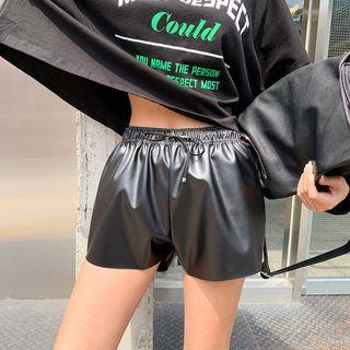 Drawstring-waist Pleather Shorts Black - One Size