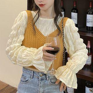 Lantern-sleeve Blouse / Cropped Sweater Vest