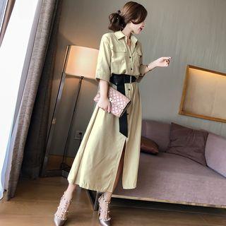 Pocket Detail Midi Shirt Dress Khaki - One Size