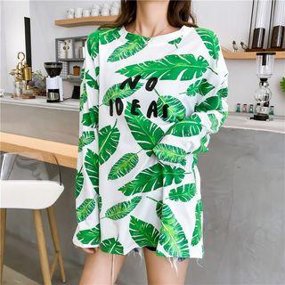 Long-sleeve Leaf Print Lettering T-shirt