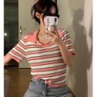 Short-sleeve Striped Polo Knit Top Stripes - Pink & White - One Size