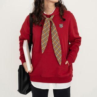 Plain Hoodie / Plaid Mini Pencil Skirt / Brooch / Tie / Set