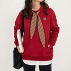 Plain Hoodie / Plaid Mini Pencil Skirt / Brooch / Tie / Set