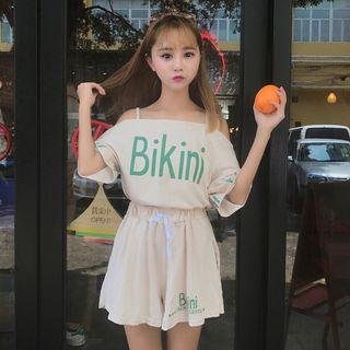 Set: Open Shoulder Letter Short-sleeve T-shirt + Shorts