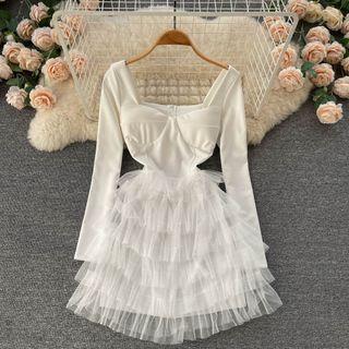 Square-neck Plain Long-sleeve Mesh Dress