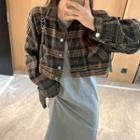 Long-sleeve Cropped Plaid Shirt / Plain Slipdress